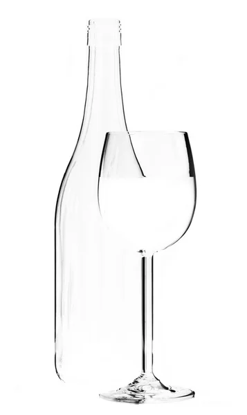 Wine glass and bottle on white background rim lighting — Stock Photo, Image