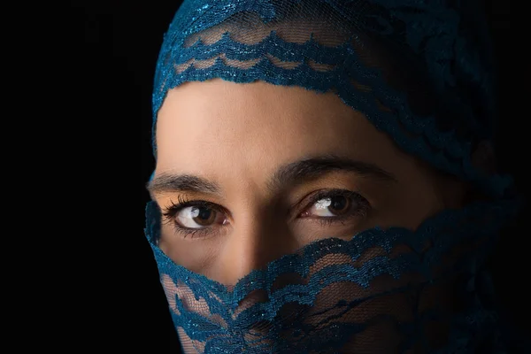 Middle Eastern woman portrait looking sad with blue hijab artist — Stock Photo, Image