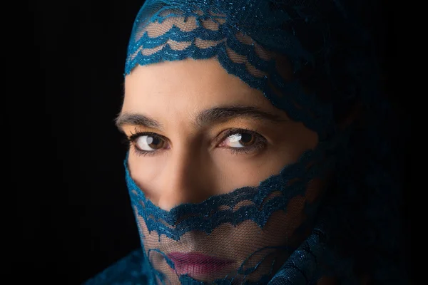 Middle Eastern woman portrait looking sad with blue hijab artist — Stock Photo, Image