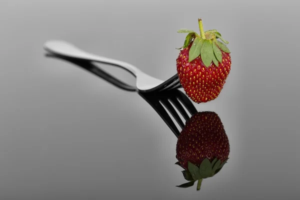 Morango vermelho e molhado em uma forma com reflexão em surfac brilhante — Fotografia de Stock