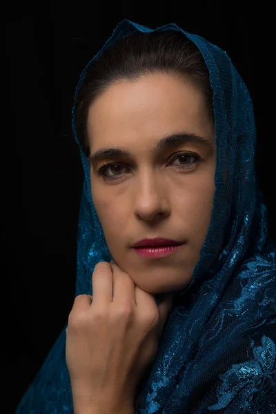 Middle Eastern woman portrait looking sad with blue hijab artist — Stock Photo, Image