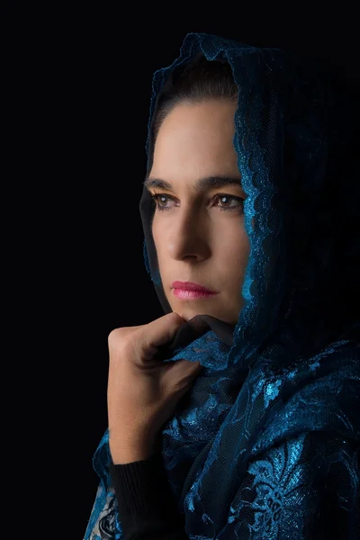 Middle Eastern woman portrait looking sad with blue hijab artist — Stock Photo, Image