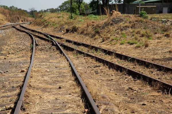 草に覆われた古い鉄道トラック交差結合の使用 — ストック写真