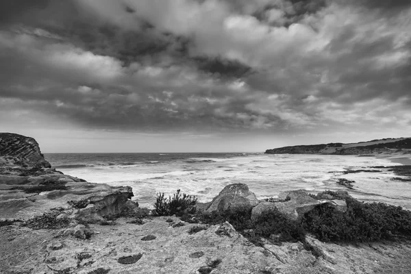 Black and white landscape of ocean rocks and clouds artistic con