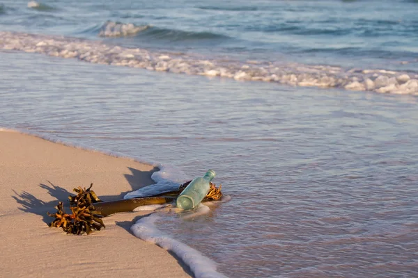 Old bottle lay on beach with sea plant and wave move in — Stock Photo, Image