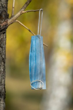 Sonbahar parkındaki bir ağaca tıbbi maske asılmış..