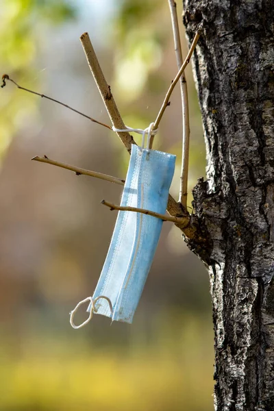 Een Medisch Masker Hangt Aan Een Boom Een Herfstpark — Stockfoto