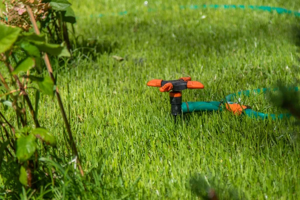 Automatyczne Podlewanie Trawnika Zielona Trawa — Zdjęcie stockowe