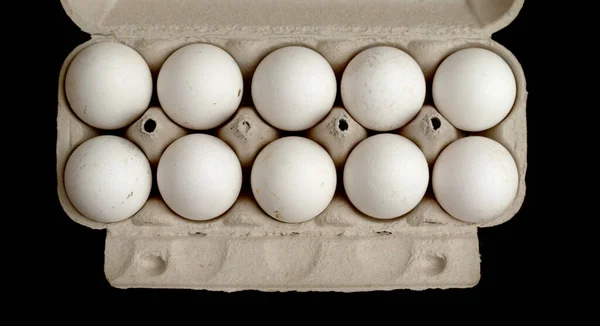 Dez Ovos Galinha Domésticos Uma Bandeja Papelão — Fotografia de Stock