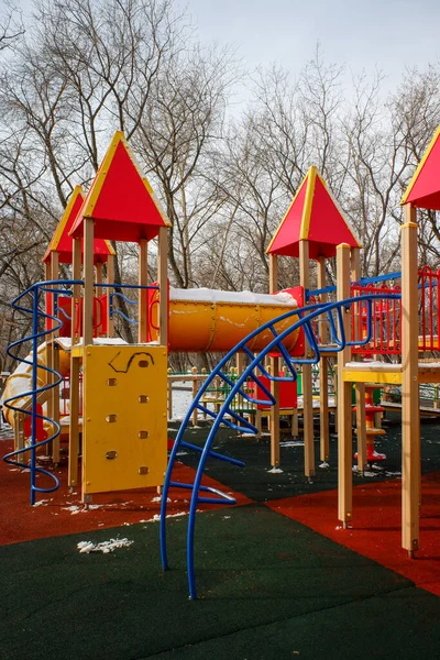 Children Wooden Playground Slides Swings Park Winter Stock Image