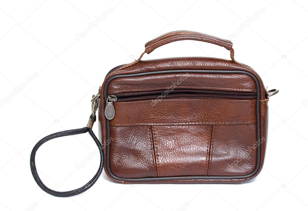 Leather brown purse bag on a white background.