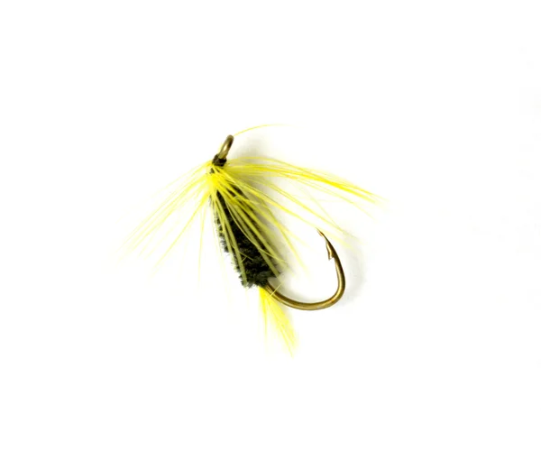 Beyaz izole kabarık sinek balıkçılık kanca — Stok fotoğraf