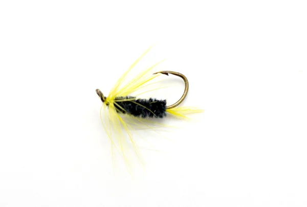 Fluffy fly fishing hook isolated on white — Stock Photo, Image