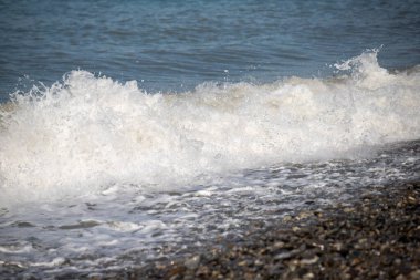 Seashore, small stones, sea wave. Marine background.