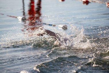 Bir adam elinde bir şişeyle suda yüzüyor. Su sıçrıyor ve adam sıçrıyor.