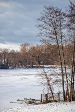 A snowy landscape with a lake and trees. The trees are bare and the sky is cloudy