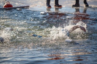 Bir adam diğer yüzücülerle birlikte havuzda yüzüyor. Su sıçrıyor ve yüzücüler eğleniyor.