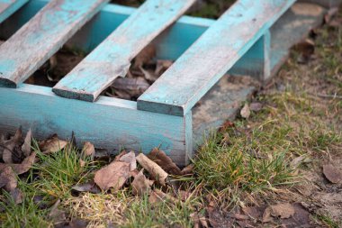 Üzerinde birkaç yaprak olan mavi bir palet. Palet yerde ve yapraklar etrafa saçılmış.
