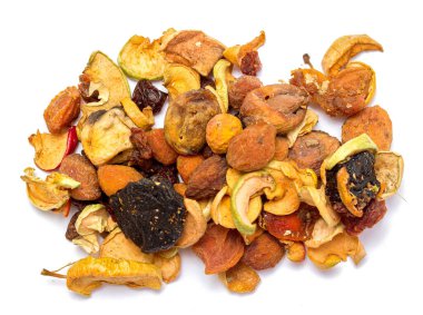 A pile of dried fruit and nuts. The dried fruit includes apples, raisins, and apricots. The nuts include almonds and walnuts. The pile is spread out on a white background