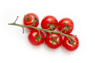 Beyaz arka planda beş olgun kırmızı domatesli bir domates. Tazelik ve bolluk kavramı, olgun domatesler toplanmaya ve tadını çıkarmaya hazır.