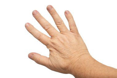 Beyaz arka planı olan bir el. El buruşuk ve beyaz bir arka planı var. El el sallıyor.