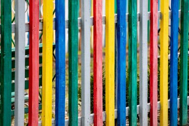 A colorful wooden fence with green, red, yellow, and blue stripes. The fence is in a yard with grass and plants
