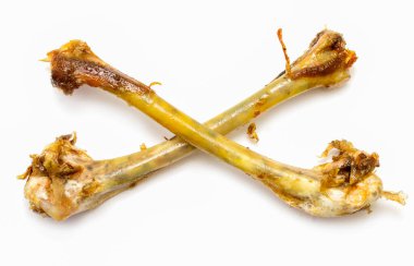 Beyaz arka planda iki tavuk kemiği gösteriliyor. Kemikler kısmen yenmiş ve kahverengimsi bir rengi var. Çürüme kavramı ve zamanın geçişi. Kemikler çürümeye bırakılmış.