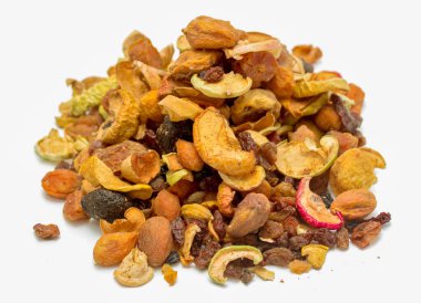 A pile of nuts and dried fruit on a white background. The nuts are mixed with raisins and other dried fruit