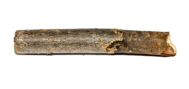 A thin, gnarled piece of wood with a hole in it. The wood is brown and has a rough texture