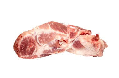 A piece of meat is cut in half and is on a white background. The meat is raw and has a lot of blood