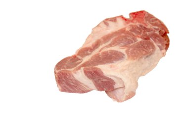 A piece of meat with a white background. The meat is cut into small pieces. The meat is raw and uncooked