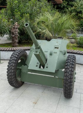 Siyah varili ve siyah lastiği olan yeşil bir tank. Tank asfalt bir alanda duruyor.