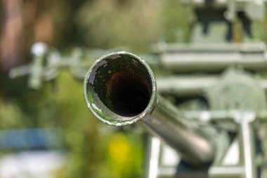 Ortasında delik olan yeşil bir silah namlusu. Fıçı eski ve paslı.