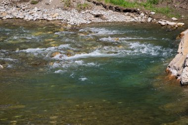 İçinde bir sürü taş olan bir nehir. Su temiz ve kayalar nehrin dört bir yanına dağılmış.