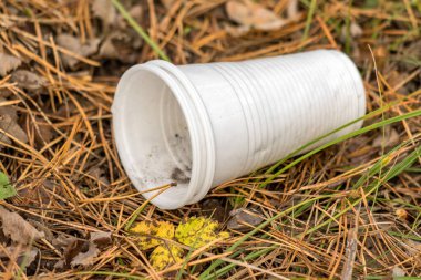 Bir tarlada yerde beyaz bir plastik bardak var. Bardak boş ve üzerinde birkaç yaprak ve dal var. Sahne biraz dağınık ve dağınık, fincan çimlerin üzerinde yatıyor.