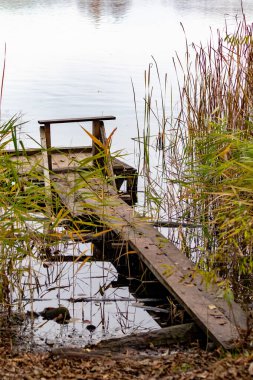 İskeleye yaslanmış ahşap bir kalasla bir iskele görülüyor. Rıhtım uzun otlarla çevrili ve su sakin. Sahnenin huzurlu ve huzurlu bir havası var.