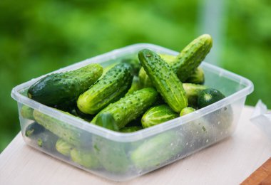 Masanın üzerinde bir tepsi salatalık duruyor. Salatalıklar yeşildir ve bir sürü tohumu vardır.