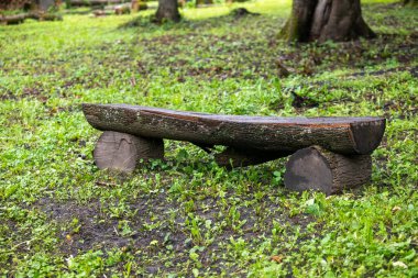 Tahta bir bank üç kütüğün üzerinde duruyor. Bankın etrafı çimenler ve ağaçlarla çevrili. Bankta bir park var ve o basit bir kırsal tasarım.