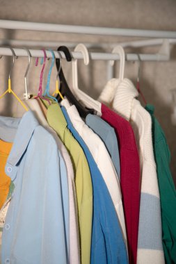 Solda asılı mavi gömlekli ve sağda yeşil gömlekli bir raf.