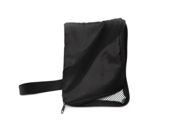 A black bag with a zipper on the side. The bag is made of mesh material. The bag is sitting on a white background