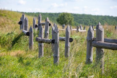 Ahşap bir çit, bir sürü tahta direkler ve arka planda bir çimen tarlası. Çit eski ve yıpranmış. Sahneye kırsal ve huzurlu bir atmosfer veriyor.