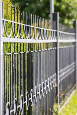 A black metal fence with a lot of decorative elements. The fence is surrounded by bushes and trees