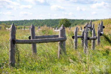A fence made of wood and metal posts is in a field. The fence is tall and has a rustic appearance. The field is lush and green, with tall grass and wildflowers