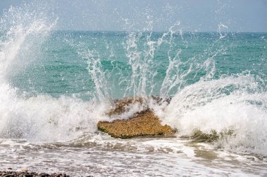 Okyanus bir kayaya çarpıyor, güçlü ve dinamik bir manzara yaratıyor. Su beyaz ve köpüklü ve kaya yosunlarla kaplı. Sahne, enerji ve hareketlerden biridir.