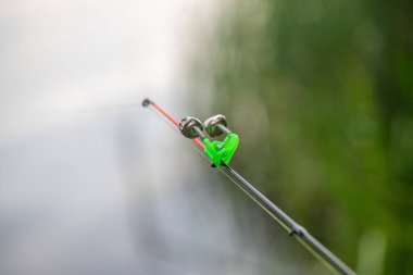 Yeşil bir oltaya yeşil bir şarjör takılmış. Şarjör balık şeklinde ve oltanın ucuna bağlı.