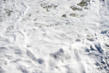 Arkasında büyük bir dalga olan karlı bir sahil. Kar beyazdır ve zemini kaplar. Huzurlu ve huzurlu bir atmosfer yaratır. Arka plandaki dalga bir hareket hissi ekliyor