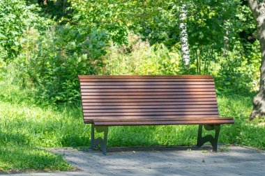 Etrafı yemyeşil çimlerle çevrili bir parkta ahşap bir bank oturuyor. Bankta kimse yok ve park huzurlu ve huzurlu.