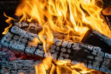 A pile of wood with a lot of flames coming from it. The fire is very hot and the wood is charred, giving the scene a sense of danger and destruction. The flames are dancing and flickering
