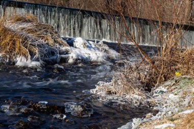 Arka planda bir ağaç ve şelalesi olan donmuş bir nehir. Su soğuk ve buz kalın.