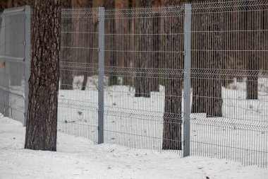 Arka planda ağaç olan bir çit. Çit metalden yapılmıştır ve bir tel örgüsü vardır. Ağaç çıplak ve yaprakları yok. Kar zemini ve çiti kaplıyor.